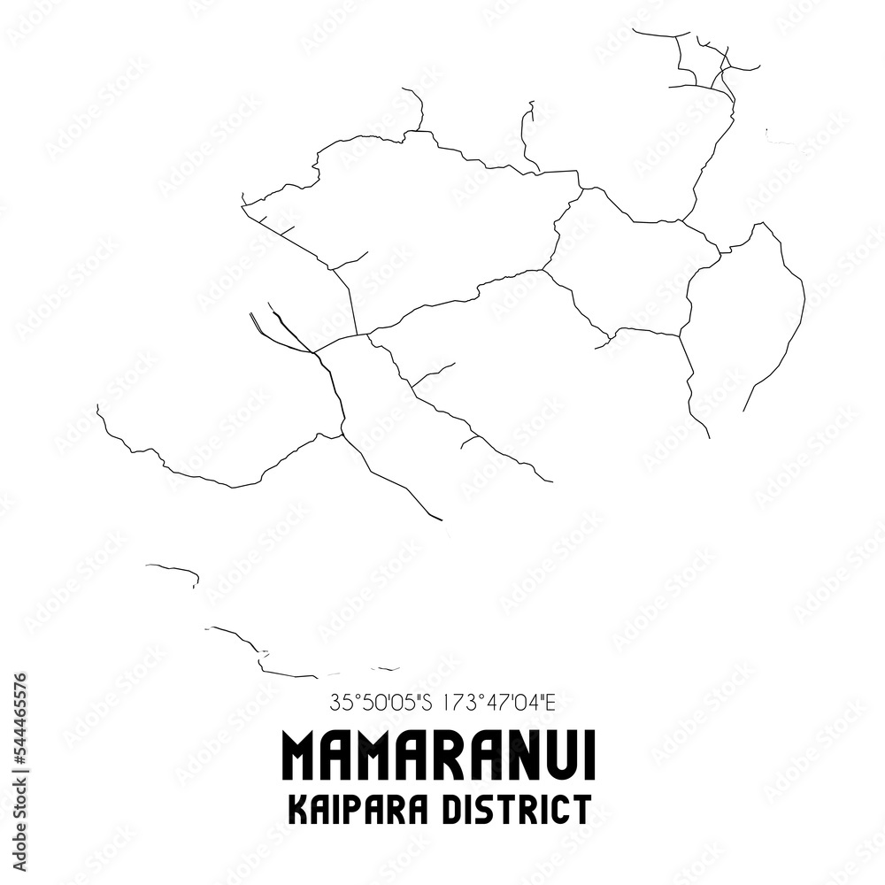 Mamaranui, Kaipara District, New Zealand. Minimalistic road map with black and white lines