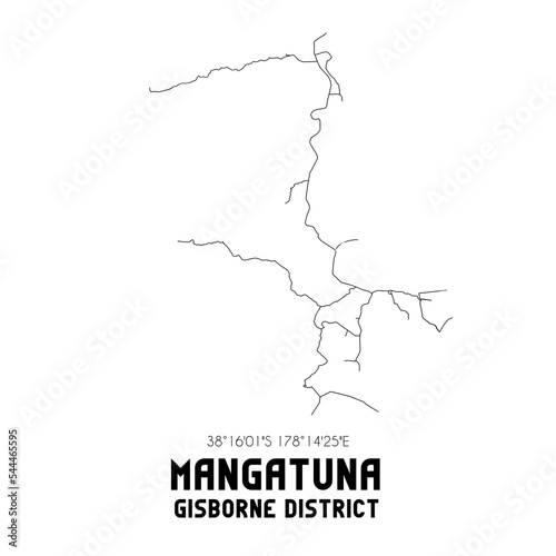 Mangatuna, Gisborne District, New Zealand. Minimalistic road map with black and white lines