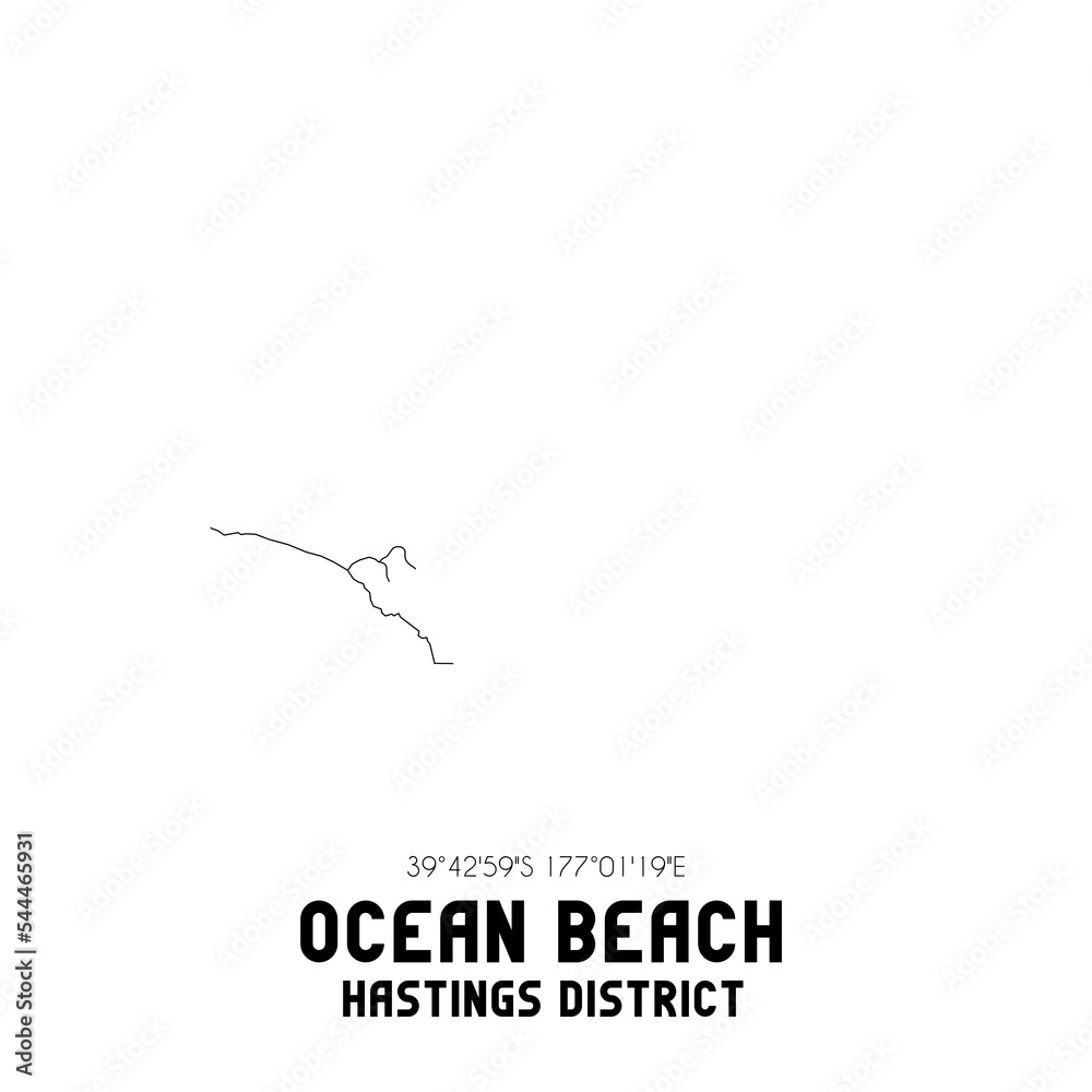 Ocean Beach, Hastings District, New Zealand. Minimalistic road map with black and white lines