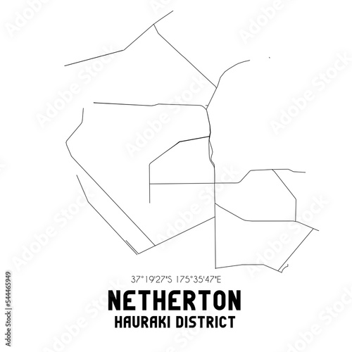 Netherton, Hauraki District, New Zealand. Minimalistic road map with black and white lines photo