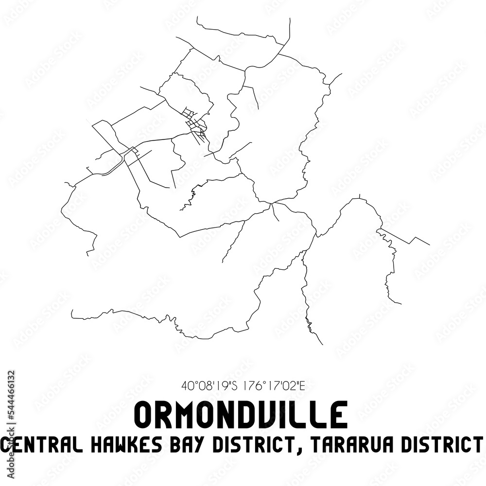 Ormondville, Central Hawke's Bay District, Tararua District, New Zealand. Minimalistic road map with black and white lines Ormondville, Central Hawke's Bay District, Tararua District, New Zealand. Minimalistic road map with black and white lines