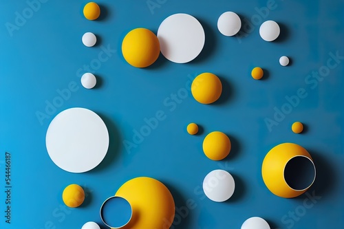 3d render  abstract blue background with white clouds and yellow round hole. Simple geometric showcase scene with empty podium stage for product presentation