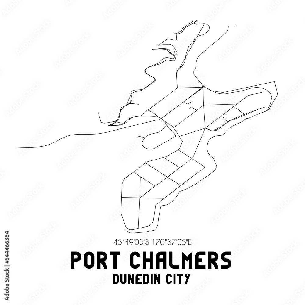 Port Chalmers, Dunedin City, New Zealand. Minimalistic road map with black and white lines Port Chalmers, Dunedin City, New Zealand. Minimalistic road map with black and white lines