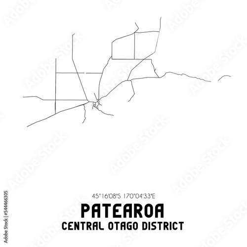 Patearoa, Central Otago District, New Zealand. Minimalistic road map with black and white lines photo