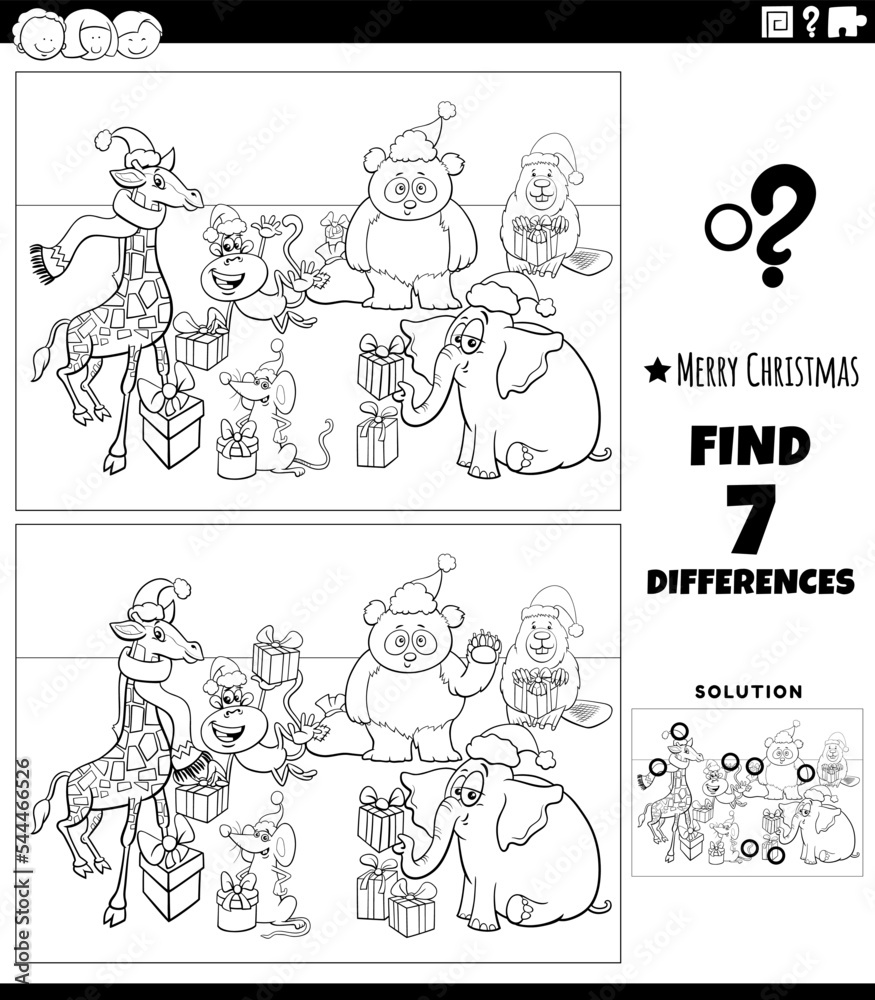 differences activity with animals on Christmas time coloring page