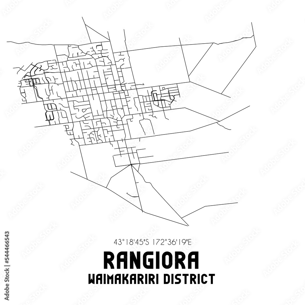 Rangiora, Waimakariri District, New Zealand. Minimalistic road map with black and white lines