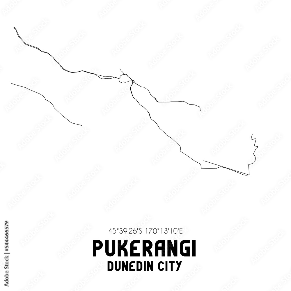 Pukerangi, Dunedin City, New Zealand. Minimalistic road map with black and white lines