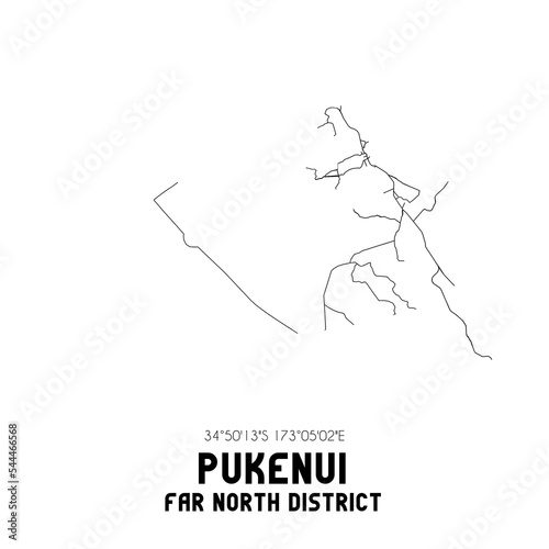 Pukenui, Far North District, New Zealand. Minimalistic road map with black and white lines photo