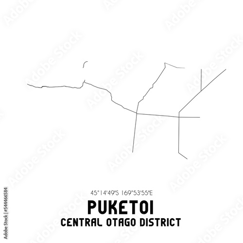 Puketoi, Central Otago District, New Zealand. Minimalistic road map with black and white lines photo