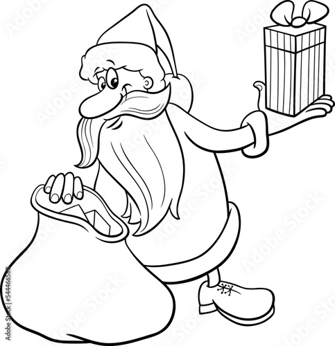 cartoon Santa Claus with Christmas present and sack coloring page