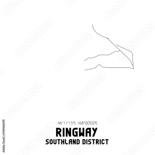 Ringway, Southland District, New Zealand. Minimalistic road map with black and white lines