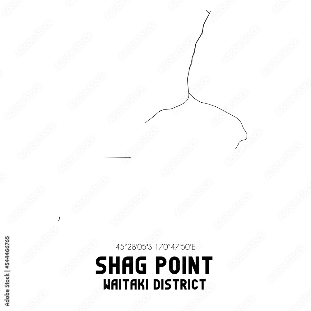 Shag Point, Waitaki District, New Zealand. Minimalistic road map with black and white lines Shag Point, Waitaki District, New Zealand. Minimalistic road map with black and white lines
