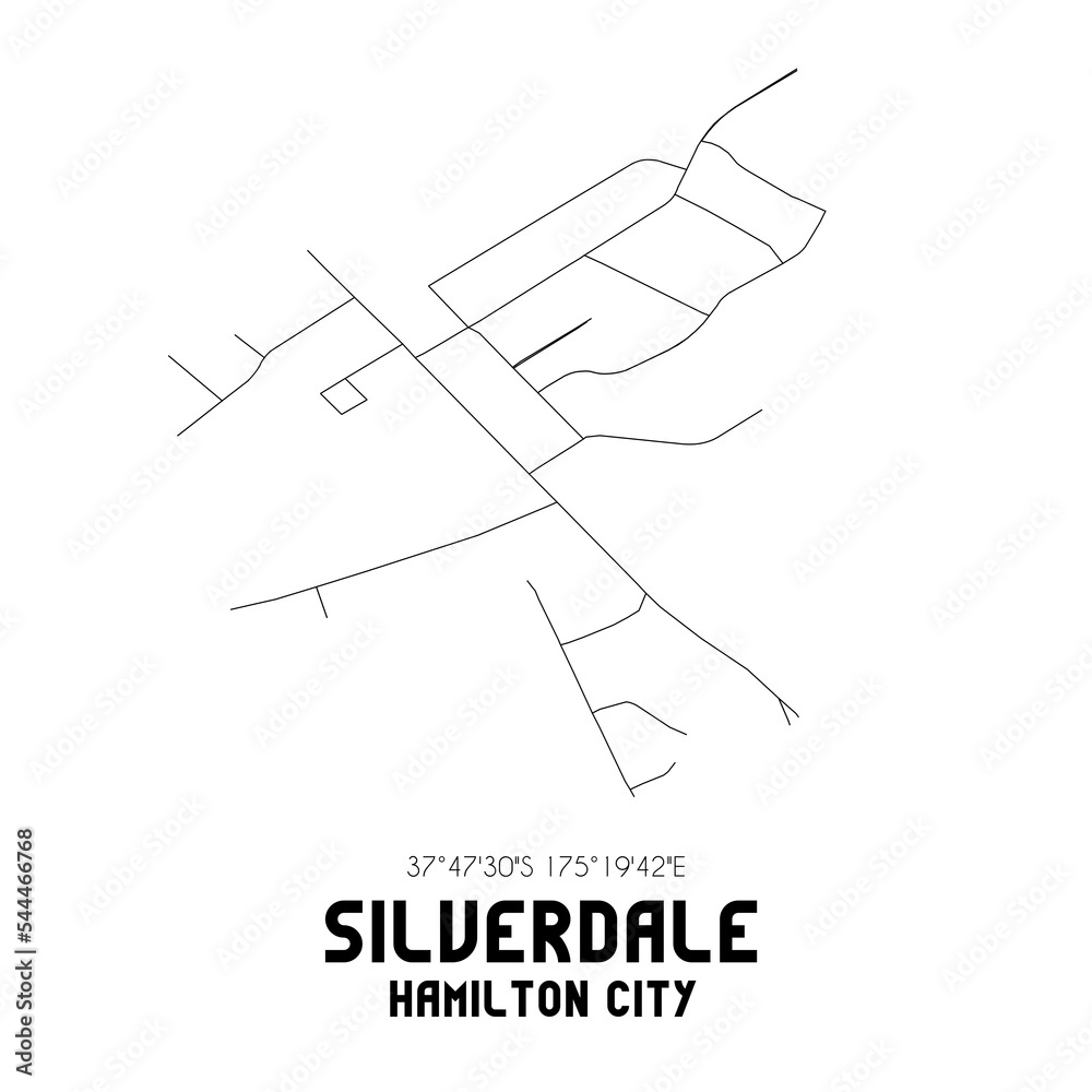 Silverdale, Hamilton City, New Zealand. Minimalistic road map with black and white lines Stock