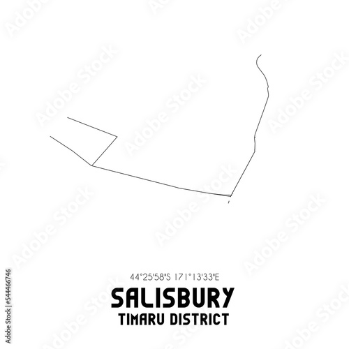 Salisbury, Timaru District, New Zealand. Minimalistic road map with black and white lines