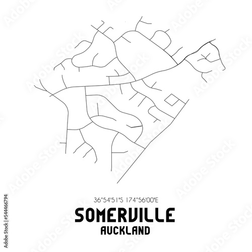 Somerville, Auckland, New Zealand. Minimalistic road map with black and white lines