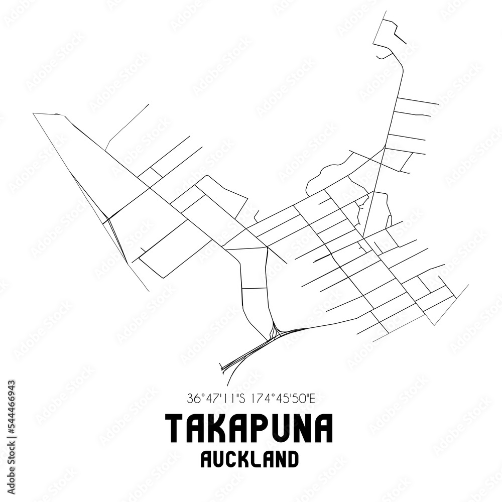 Takapuna, Auckland, New Zealand. Minimalistic road map with black and white lines
