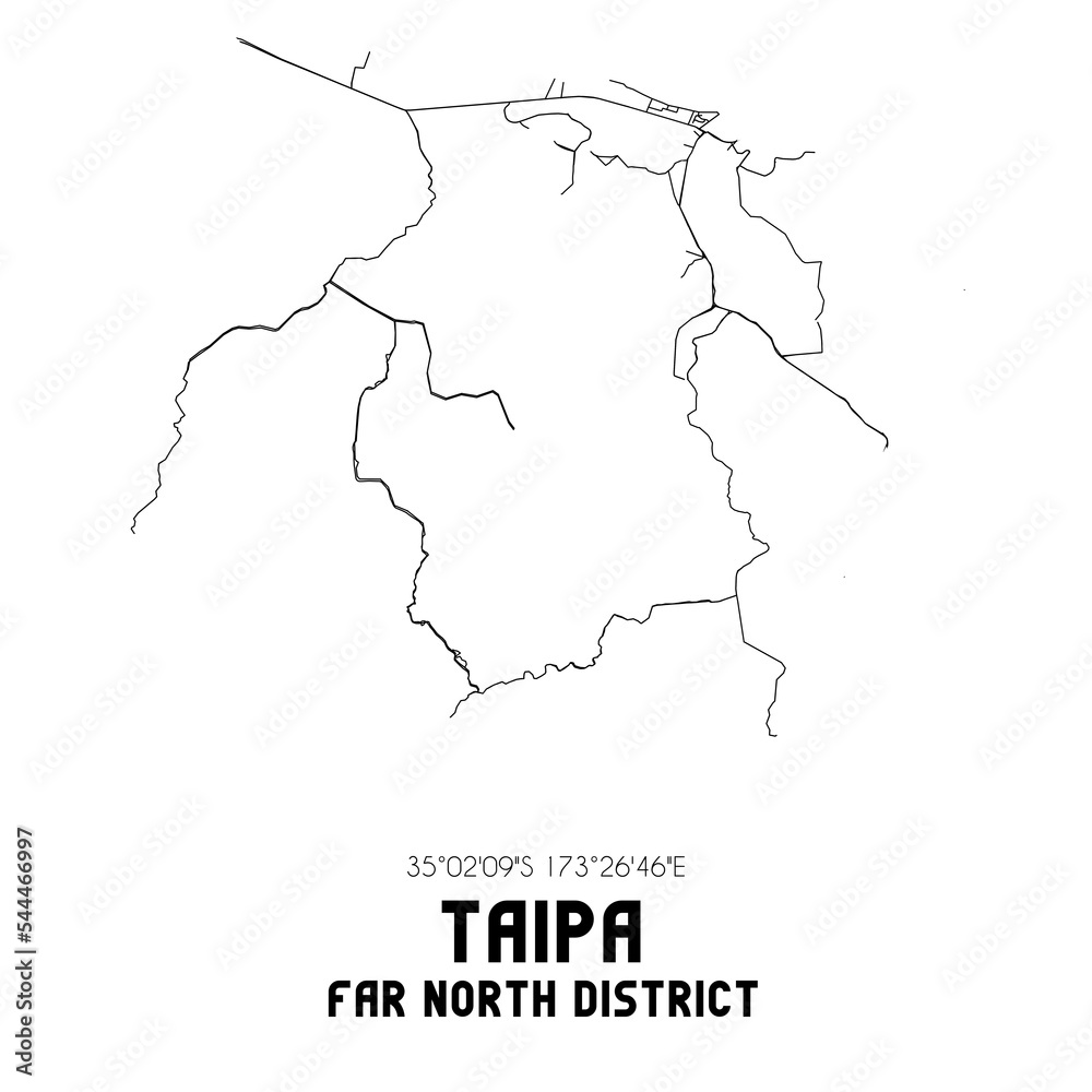 Taipa, Far North District, New Zealand. Minimalistic road map with black and white lines