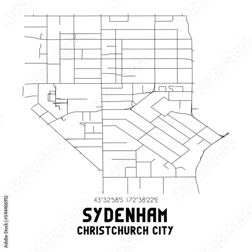 Sydenham, Christchurch City, New Zealand. Minimalistic road map with black and white lines photo