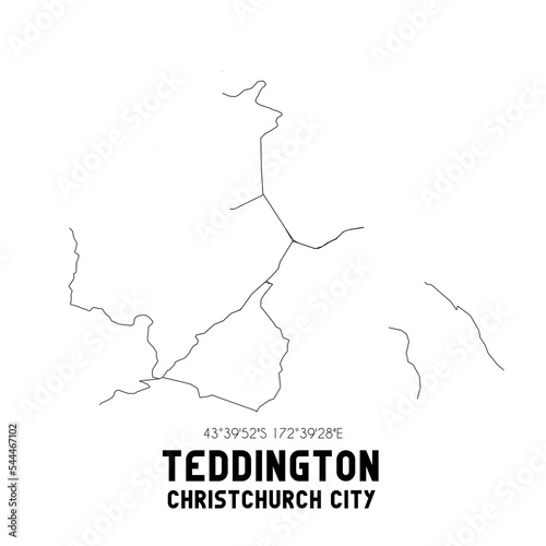 Teddington, Christchurch City, New Zealand. Minimalistic road map with black and white lines photo