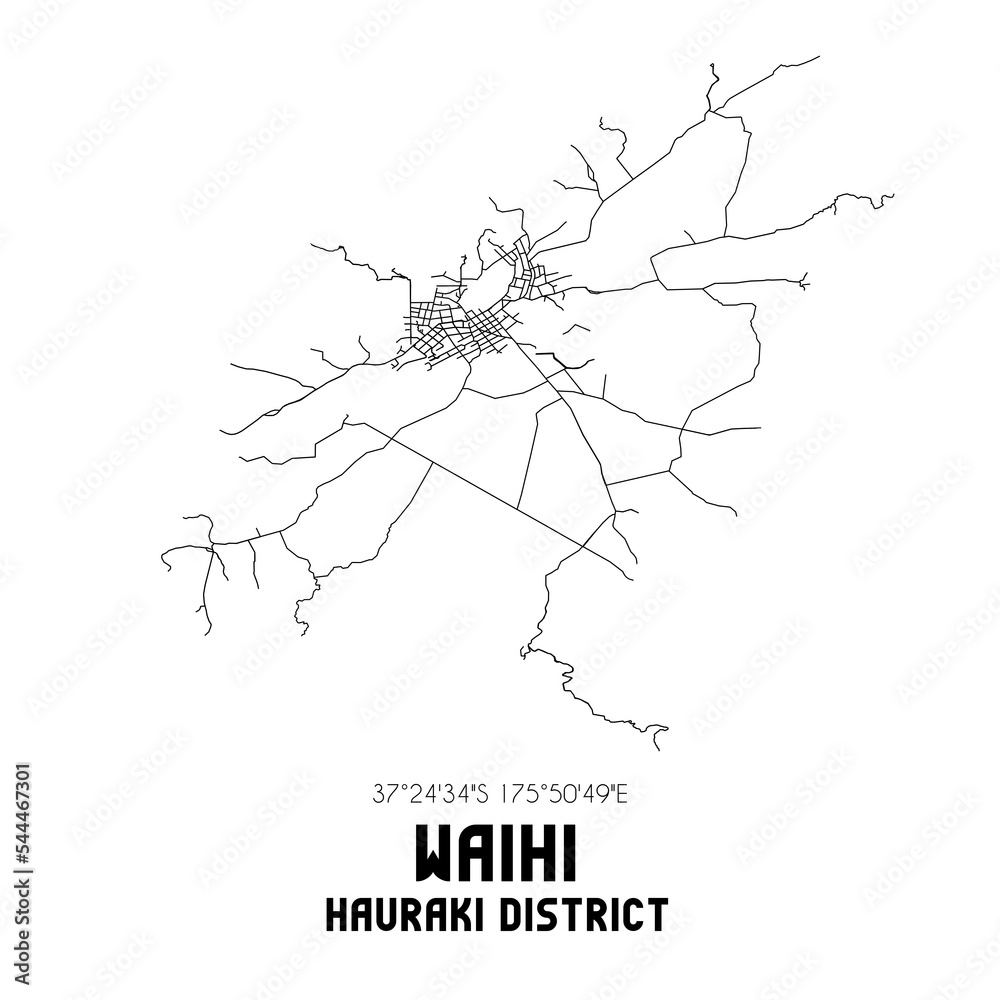 Waihi, Hauraki District, New Zealand. Minimalistic road map with black