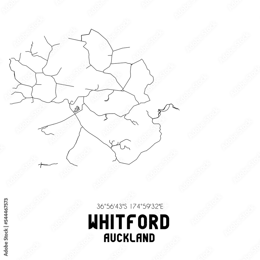 Whitford, Auckland, New Zealand. Minimalistic road map with black and white lines