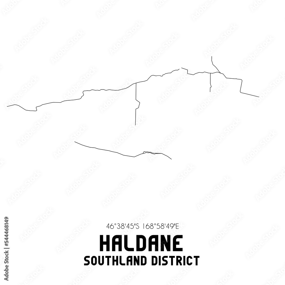 Haldane, Southland District, New Zealand. Minimalistic road map with black and white lines