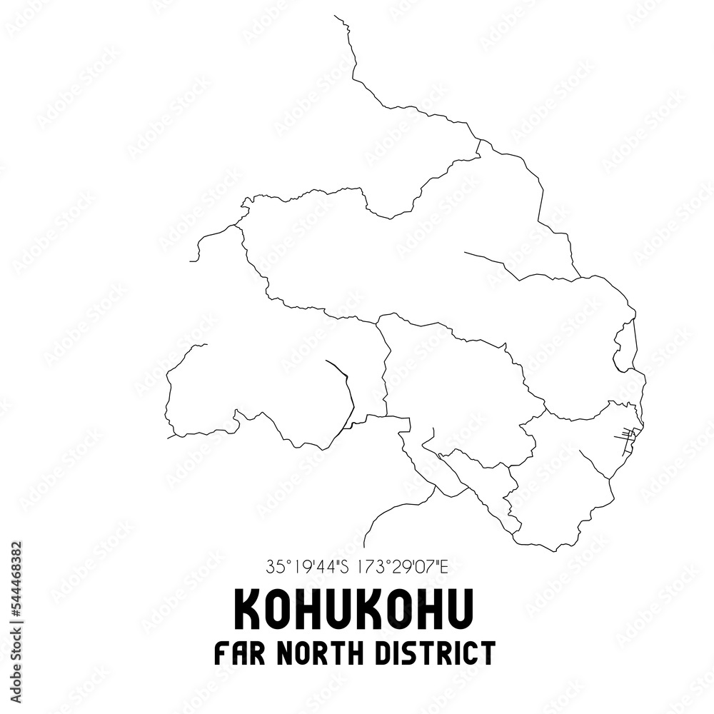 Kohukohu, Far North District, New Zealand. Minimalistic road map with black and white lines