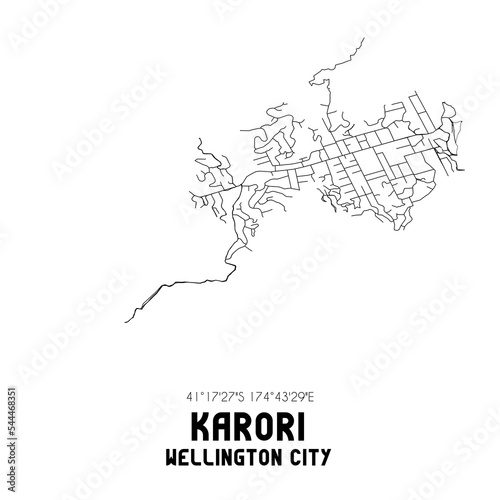 Karori, Wellington City, New Zealand. Minimalistic road map with black and white lines photo