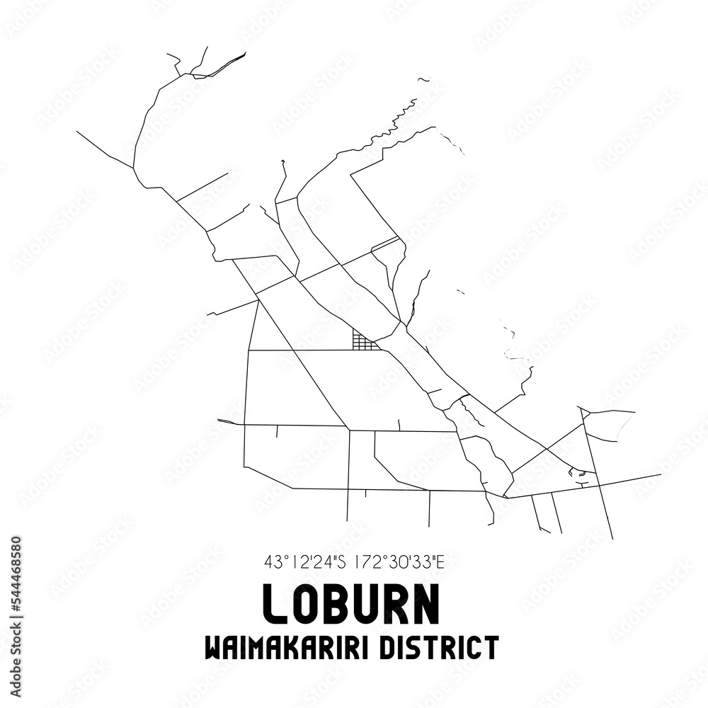 Loburn, Waimakariri District, New Zealand. Minimalistic road map with black and white lines