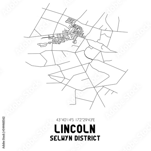 Lincoln, Selwyn District, New Zealand. Minimalistic road map with black and white lines