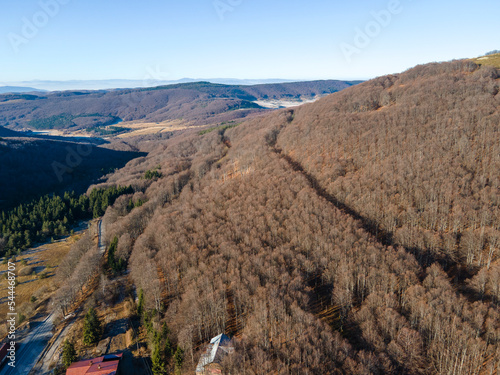 Aerial Autumn view of Petrohan Pass, Bulgaria photo