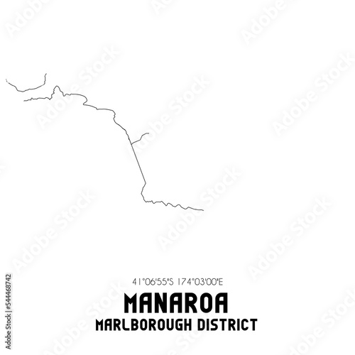 Manaroa  Marlborough District  New Zealand. Minimalistic road map with black and white lines