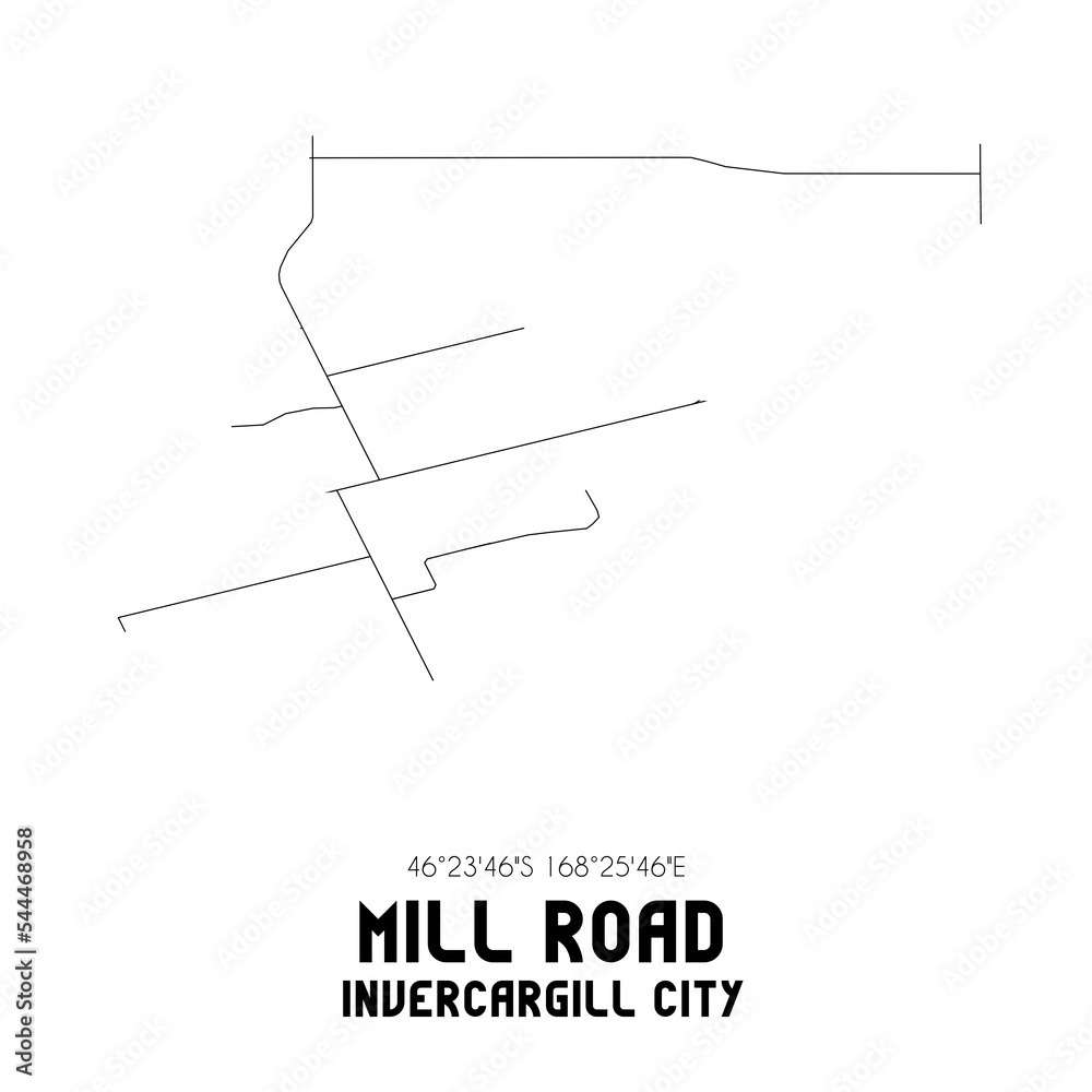 Mill Road, Invercargill City, New Zealand. Minimalistic road map with black and white lines