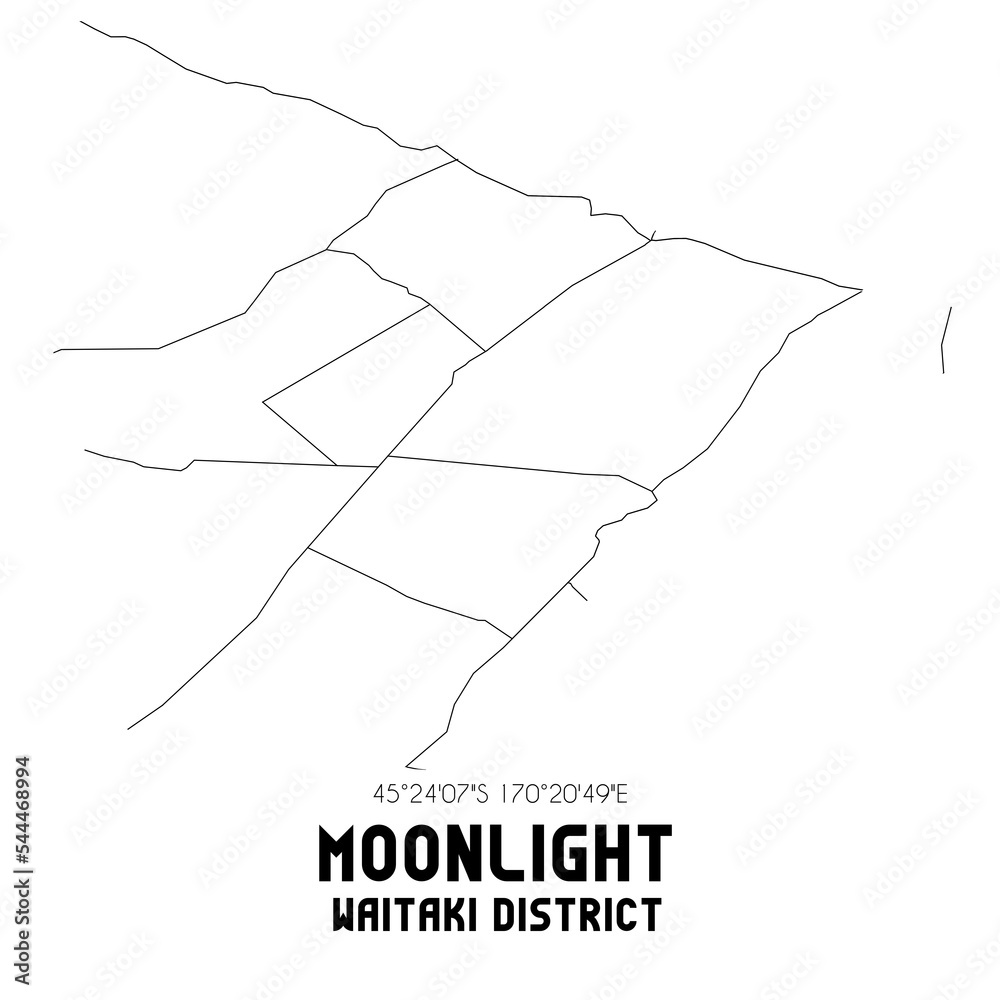 Moonlight, Waitaki District, New Zealand. Minimalistic road map with black and white lines
