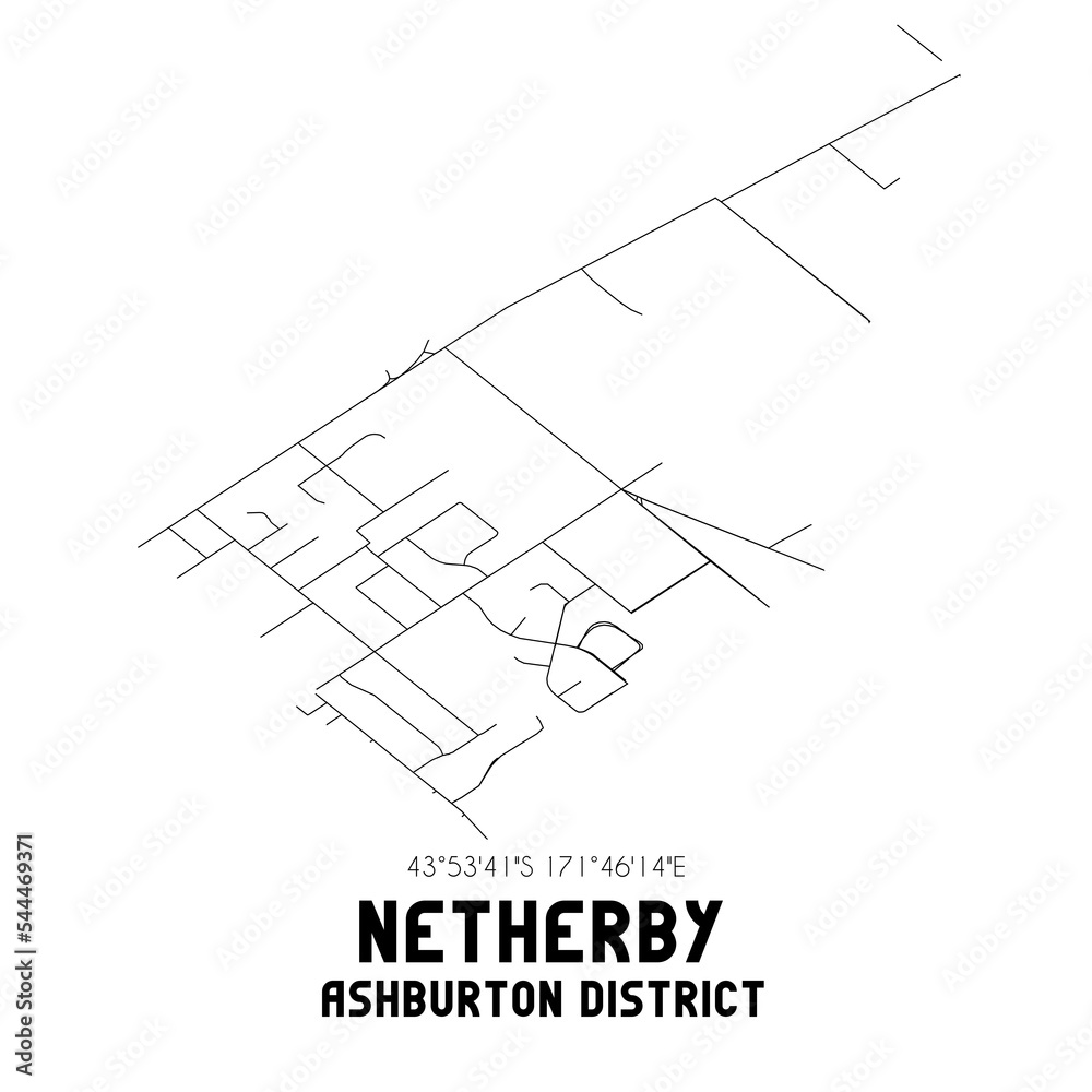 Netherby, Ashburton District, New Zealand. Minimalistic road map with black and white lines