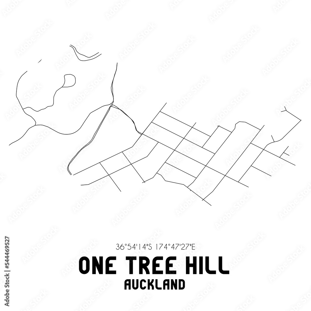 One Tree Hill, Auckland, New Zealand. Minimalistic road map with black