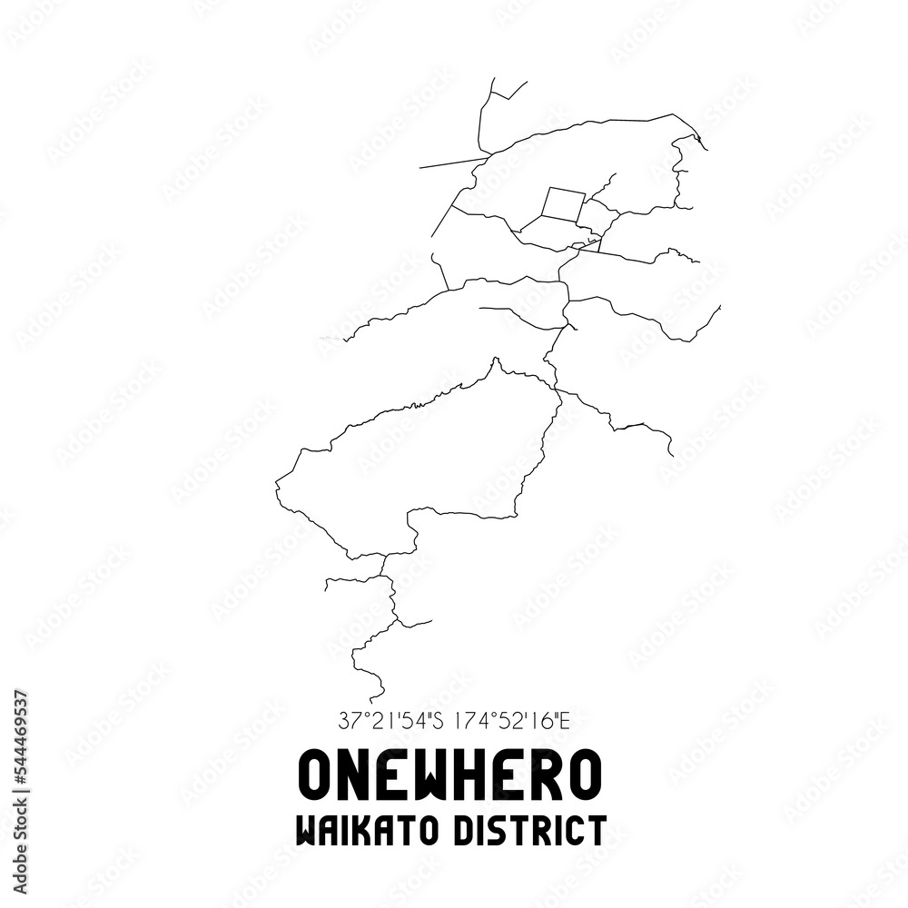 Onewhero, Waikato District, New Zealand. Minimalistic road map with black and white lines