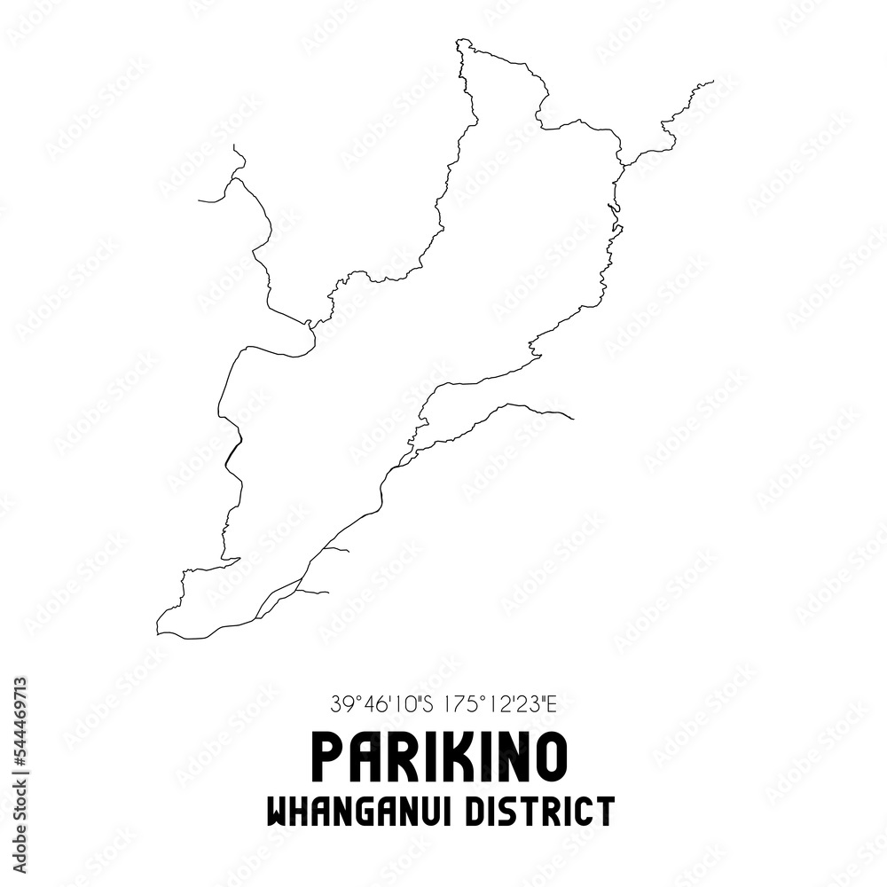 Parikino, Whanganui District, New Zealand. Minimalistic road map with black and white lines