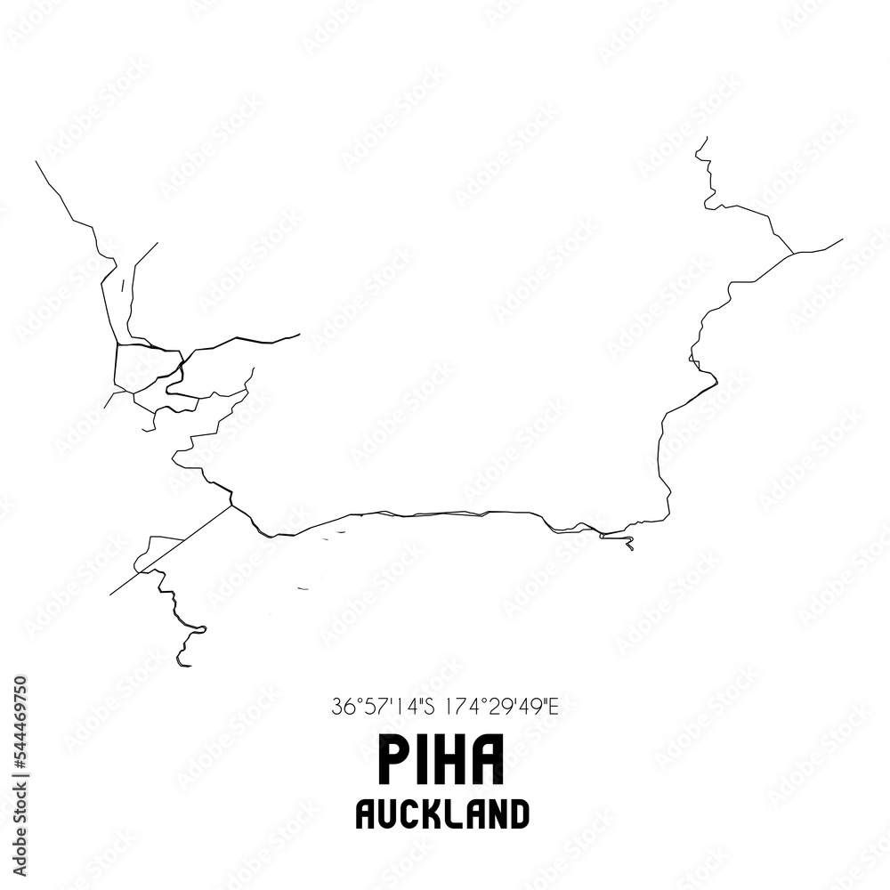 Piha, Auckland, New Zealand. Minimalistic road map with black and white lines