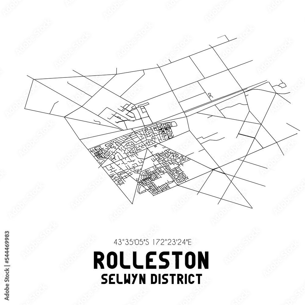 Rolleston, Selwyn District, New Zealand. Minimalistic road map with black and white lines
