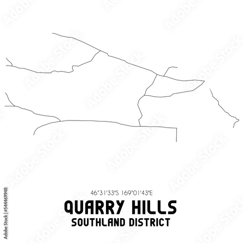 Quarry Hills, Southland District, New Zealand. Minimalistic road map with black and white lines