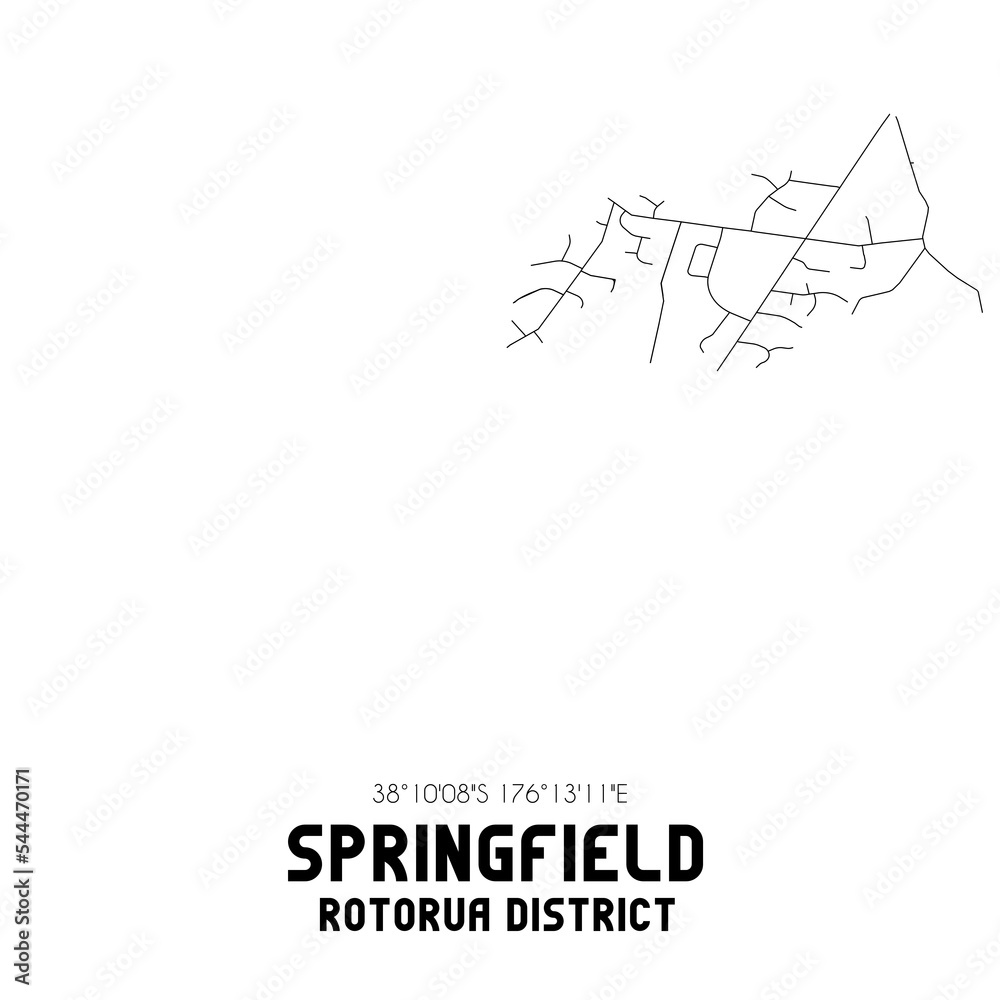 Springfield, Rotorua District, New Zealand. Minimalistic road map with black and white lines