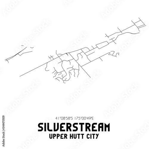 Silverstream, Upper Hutt City, New Zealand. Minimalistic road map with black and white lines photo