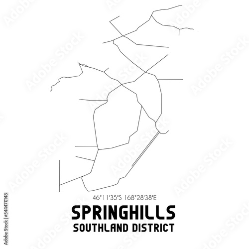 Springhills, Southland District, New Zealand. Minimalistic road map with black and white lines photo