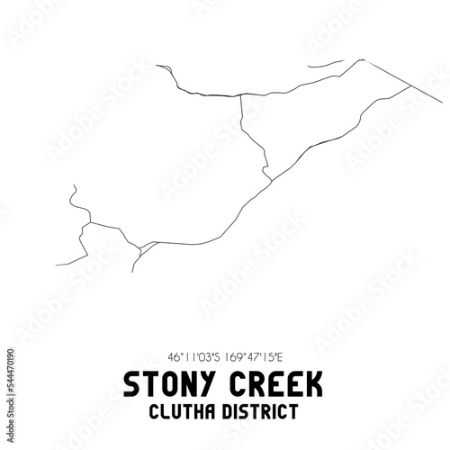 Stony Creek, Clutha District, New Zealand. Minimalistic road map with black and white lines