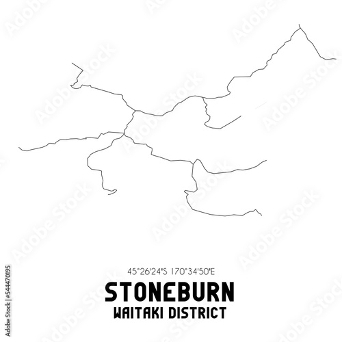 Stoneburn, Waitaki District, New Zealand. Minimalistic road map with black and white lines