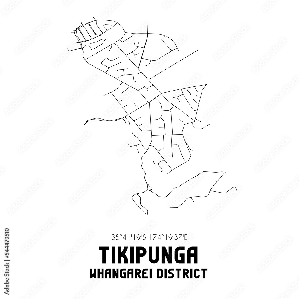 Tikipunga, Whangarei District, New Zealand. Minimalistic road map with black and white lines