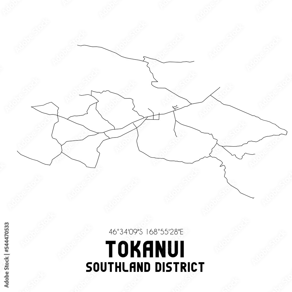 Tokanui, Southland District, New Zealand. Minimalistic road map with black and white lines