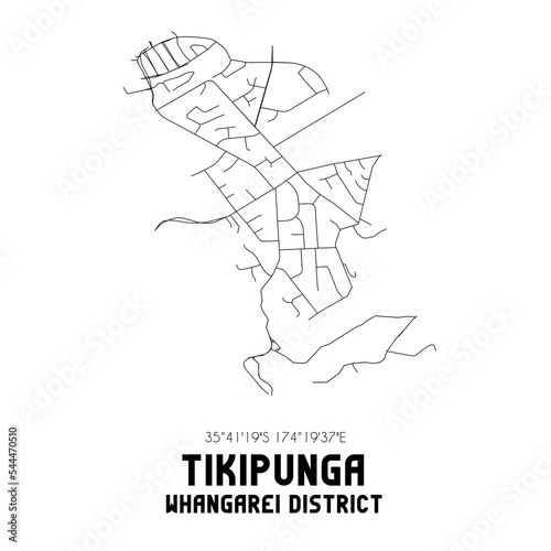 Tikipunga  Whangarei District  New Zealand. Minimalistic road map with black and white lines