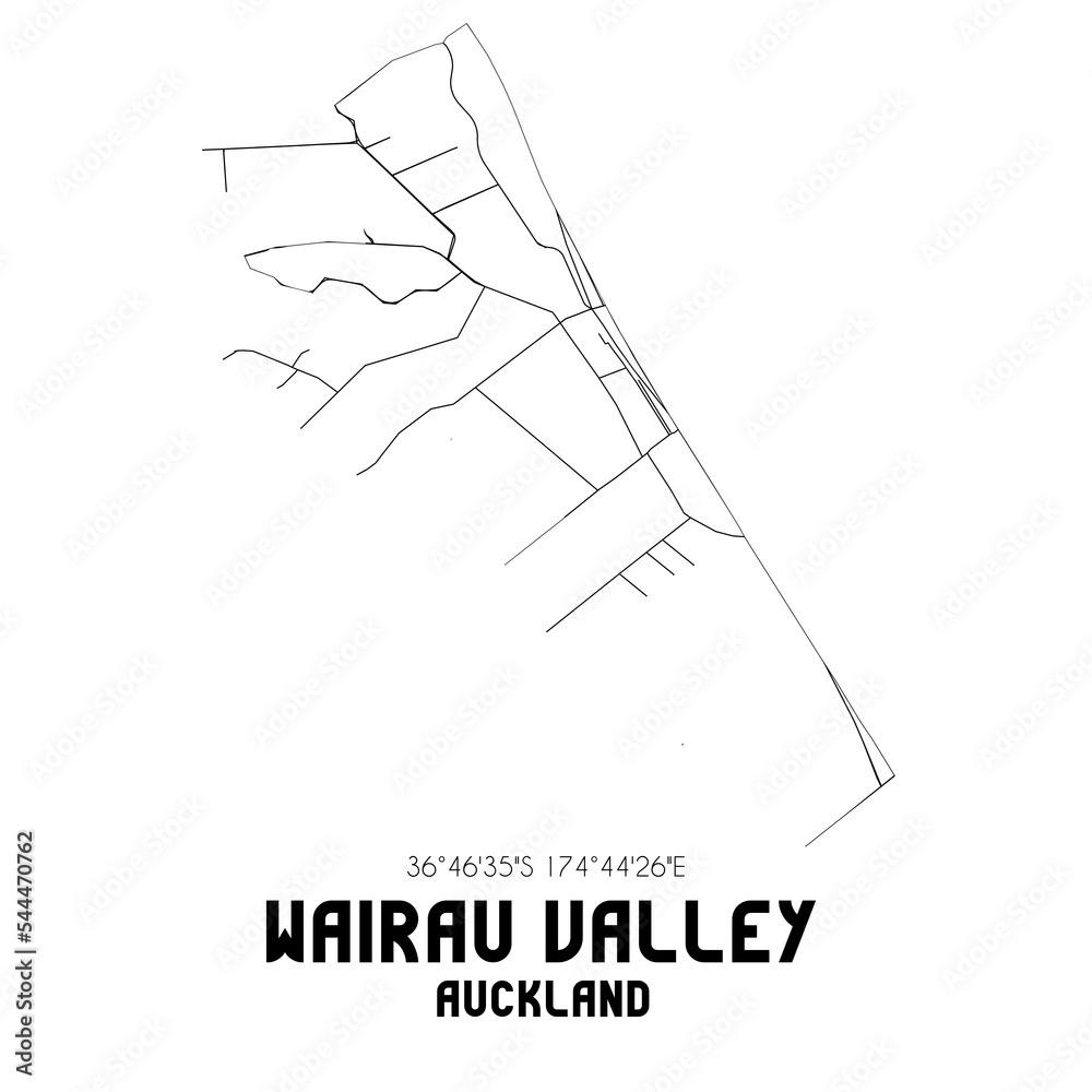 Wairau Valley, Auckland, New Zealand. Minimalistic road map with black and white lines Wairau Valley, Auckland, New Zealand. Minimalistic road map with black and white lines